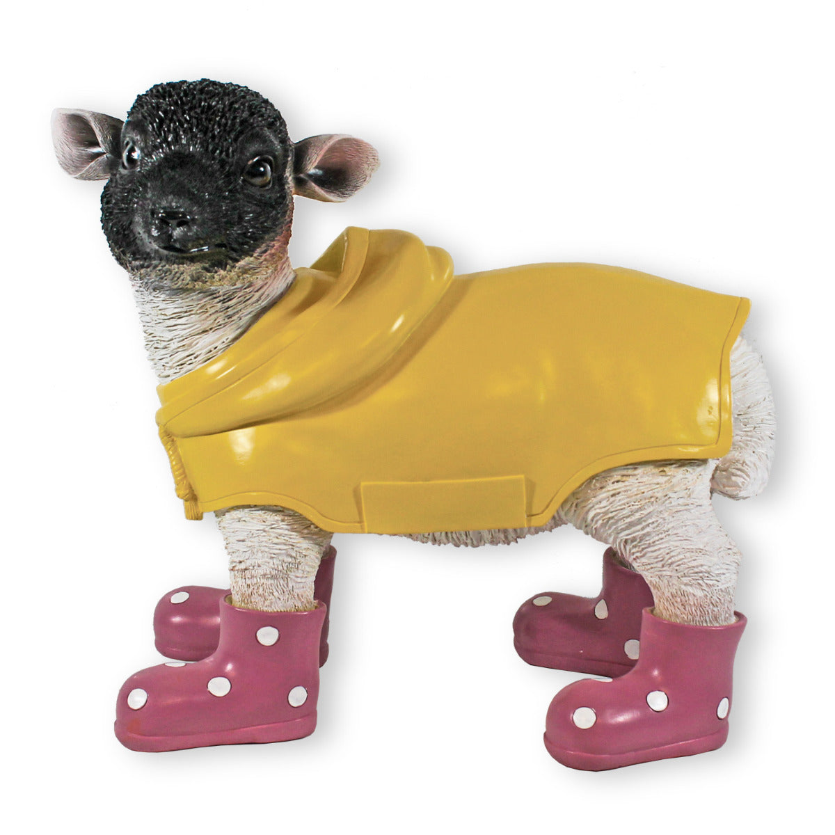 Gartenfigur Schaf mit Gummistiefeln rosa und Regenmantel Lamm Figur Garten Dekofigur Lamm