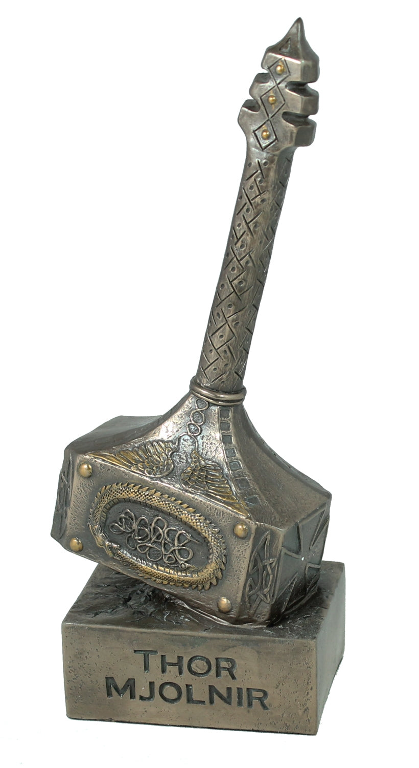 Dekofigur Mjolnir Hammer des Thor Magische Waffe Mjölnir Thorshammer Skulptur Plastik bronziert 26 cm