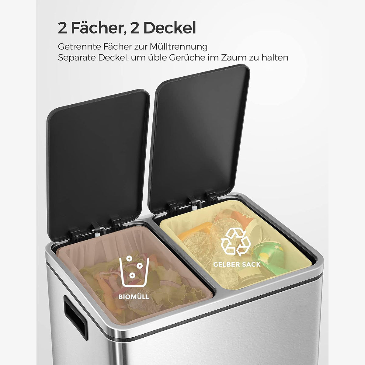 Songmics Mülleimer 30 l, mit zwei Fächern 2x15 l, soft-close Deckel, Treteimer aus Metall, silber