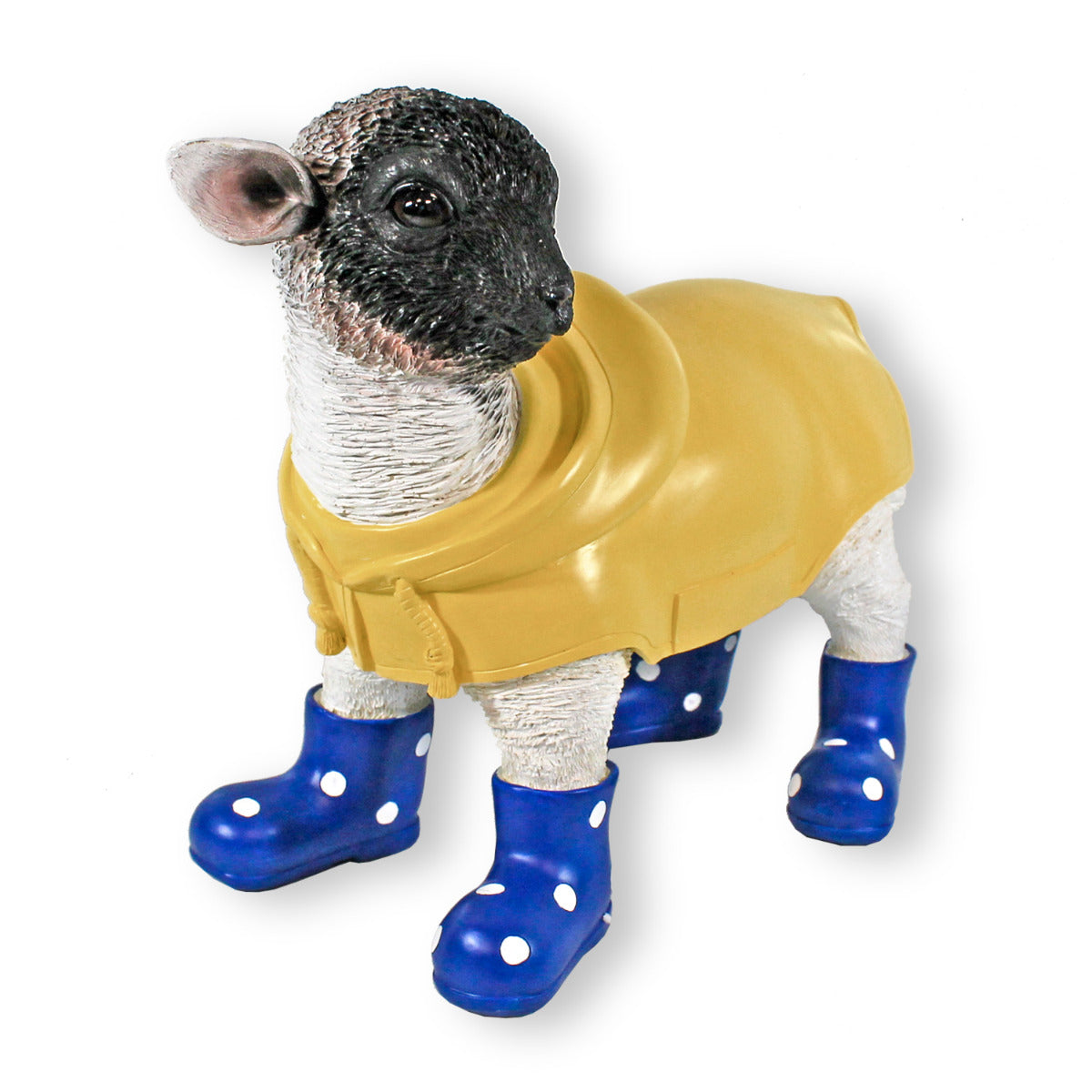 Gartenfigur Schaf mit Gummistiefeln blau und Regenmantel Lamm Figur Garten Dekofigur Lamm
