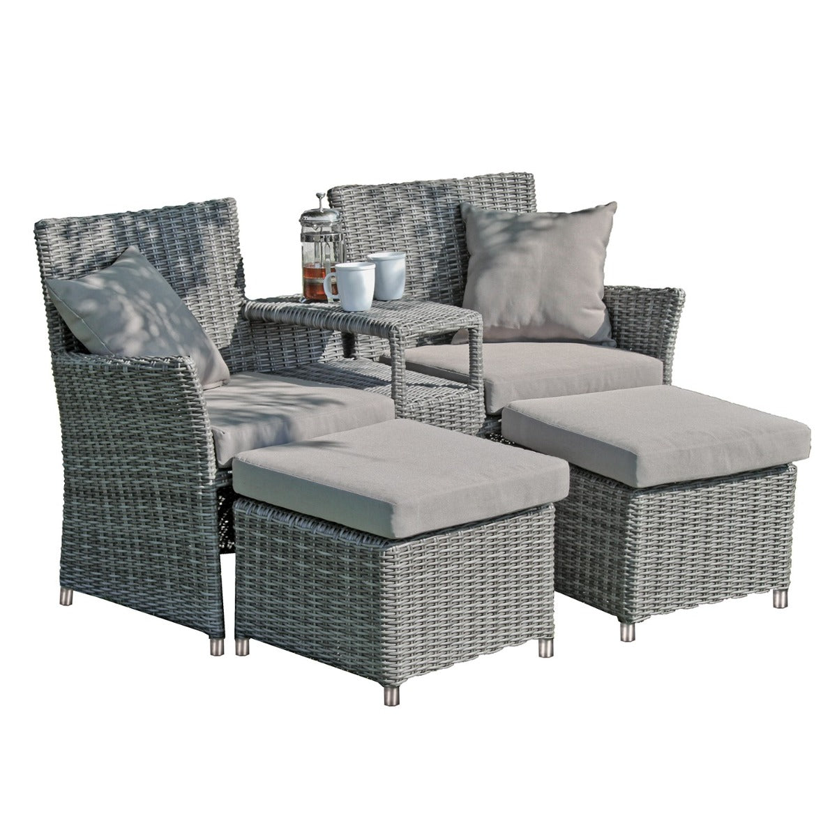 Garden Pleasure Doppelsessel-Set Calgary | Polyrattan Loveseat Garten Lounge Set mit Fußhockern, Ablagetisch, Polyrattan Sessel 2er Set