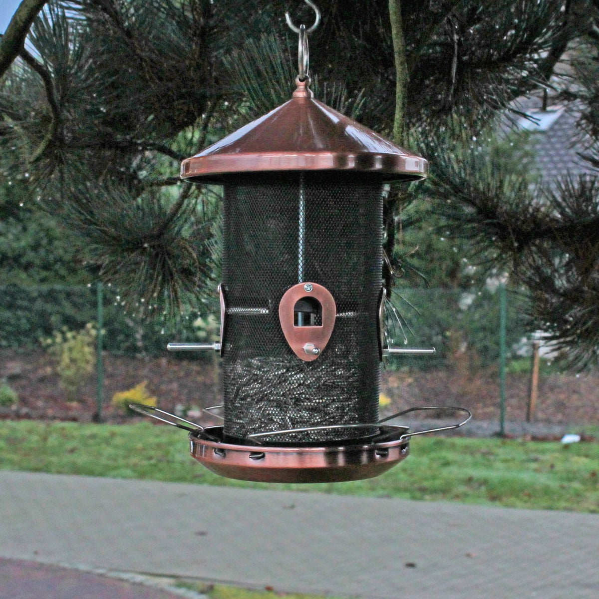 Vogelfutterstation zum hängen XL Vogelfuttersäule Kupfer Optik Gourmet Futter Silo Futtersäule