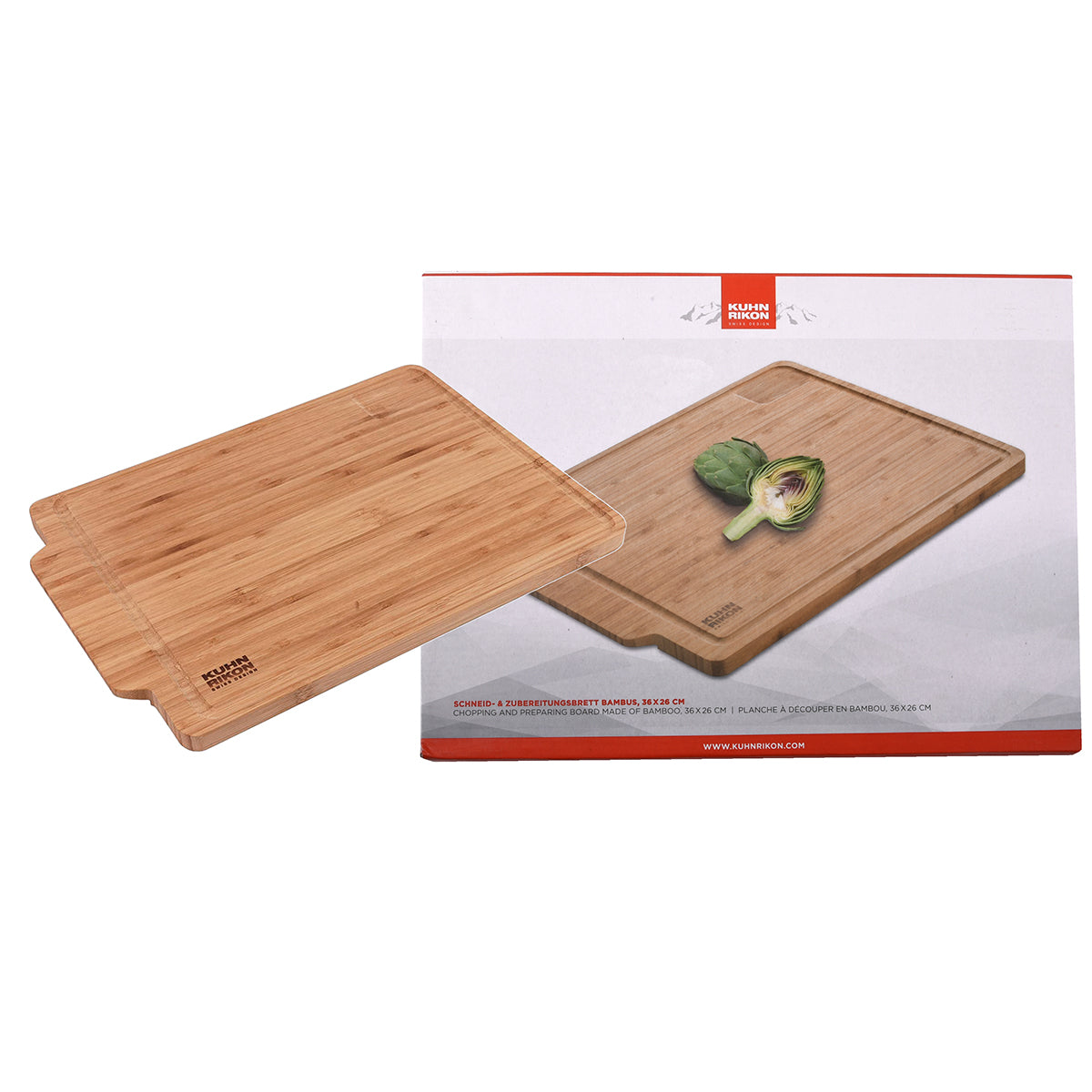 Kuhn Rikon Schneidbrett aus Bambus mit Saftrille 36x26 cm Bambus Schneidebrett Servierplatte
