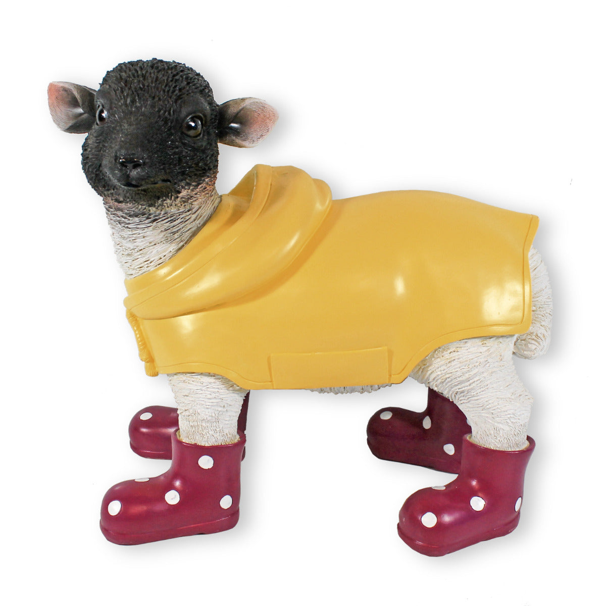Gartenfigur Schaf mit Gummistiefeln rot und Regenmantel Lamm Figur Garten Dekofigur Lamm