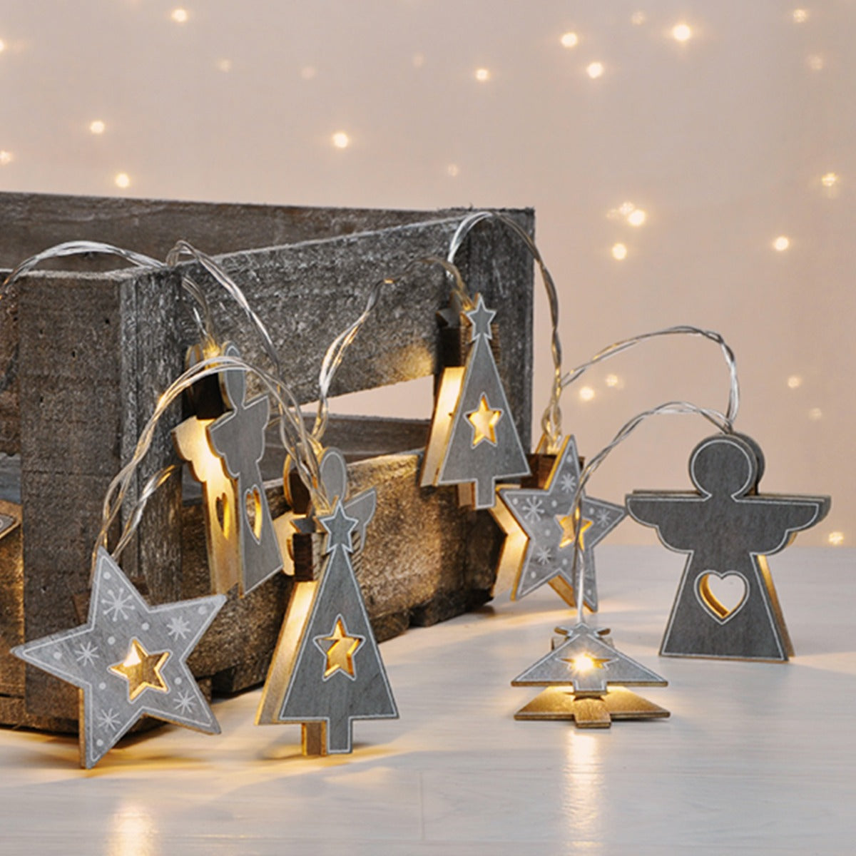 LED Lichterkette HOLZ 4er Set à 10 Leuchten Batteriebetrieb warmweiß für innen Weihnachtsbeleuchtung