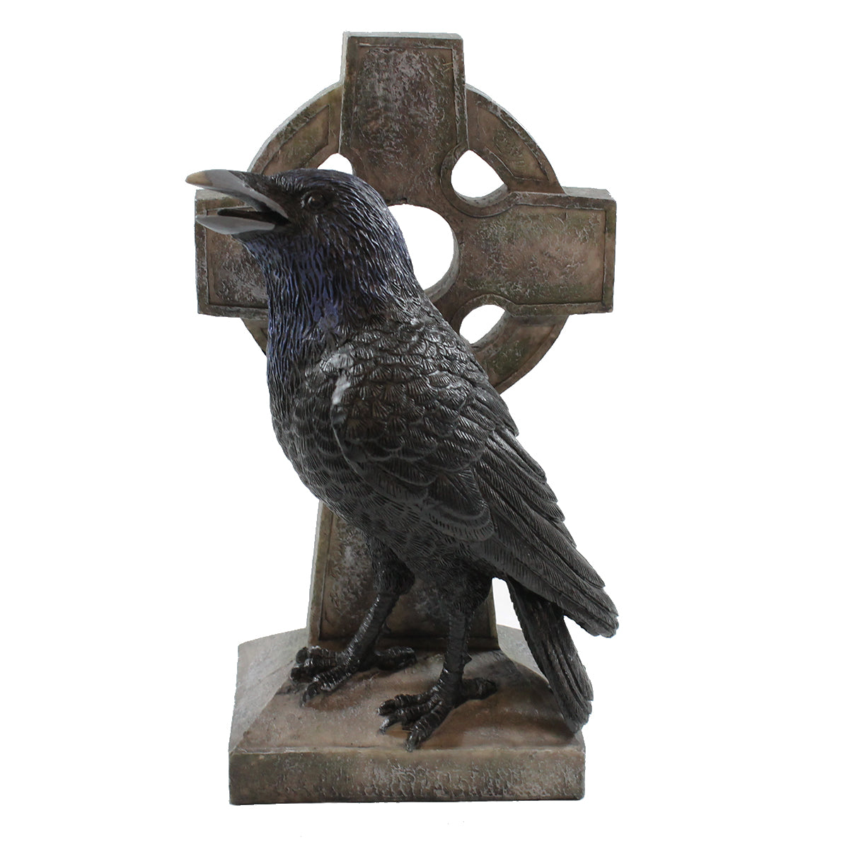 Handbemalte Dekofigur 'Schwarzer Rabe vor Keltischem Kreuz' aus Polyresin - Mystische Deko Eleganz