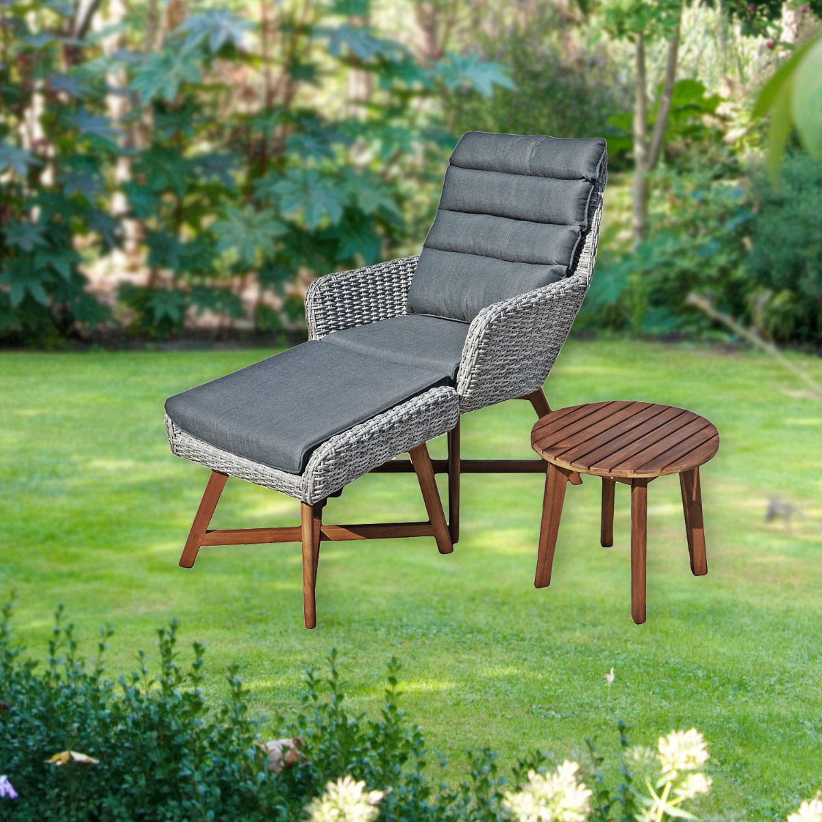 Balkon Loungemöbel Rattan Lounge-Set Sessel Hocker mit Auflagen Beistelltisch Farbe: grau