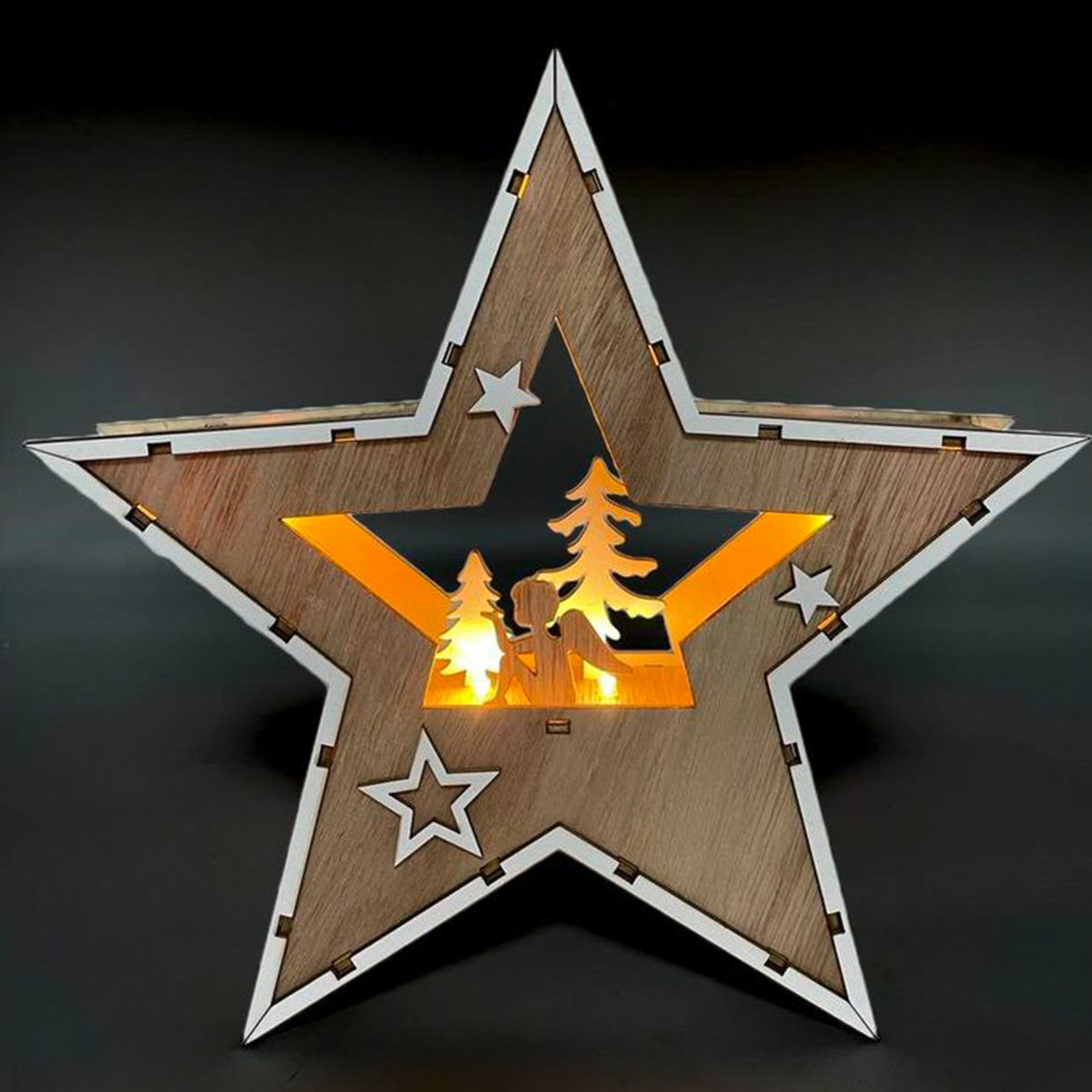 Deko Stern Holzstern 24cm Stern mit Engel und Tannen Motiv 7 LED Weihnachtsstern batteriebetrieb Fensterdeko