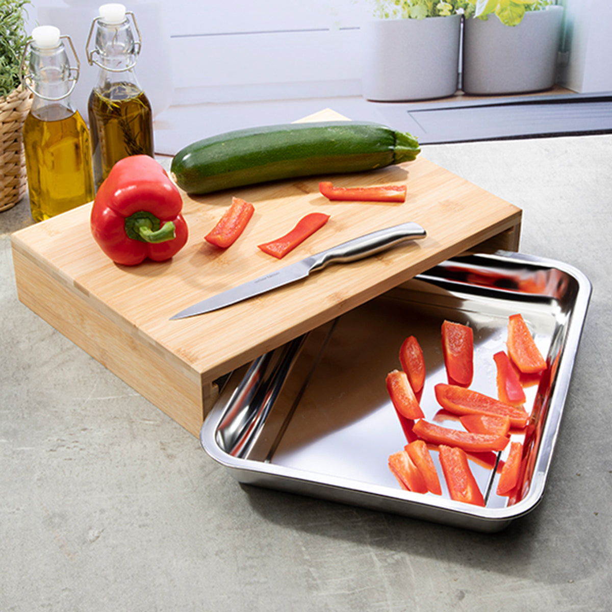 Schneidebrett aus Bambus mit Edelstahlschale Auffangschale Schneidbrett
