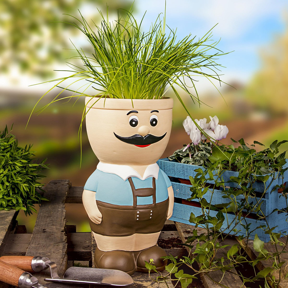 Blumentopf Figur Keramik Resi und Sepp Kräutertopf Übertopf Pflanztopf Bayerische Deko