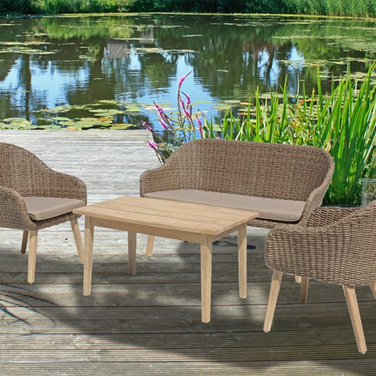 Garden Pleasure Sofa & Stuhl Set Pueblo | Loungemöbel Gartenlounge Set aus Polyrattangeflecht, Akazienholz FSC und Aluminium | Rattan Lounge Set für Haus, Garten, Terasse