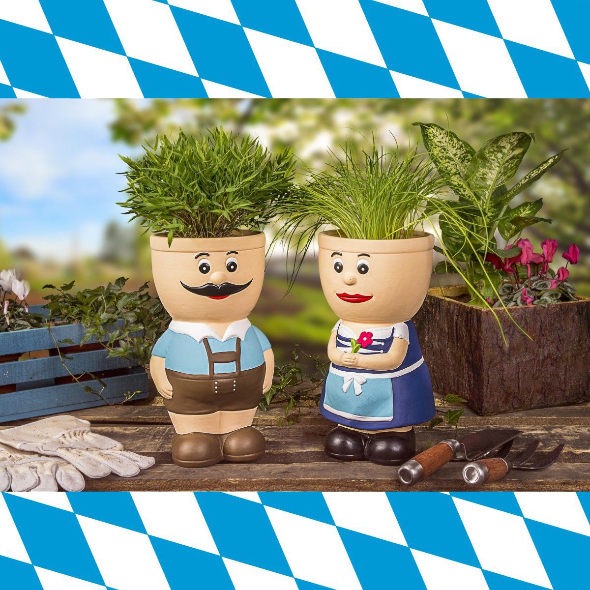Blumentopf Figur Keramik Resi und Sepp Kräutertopf Übertopf Pflanztopf Bayerische Deko