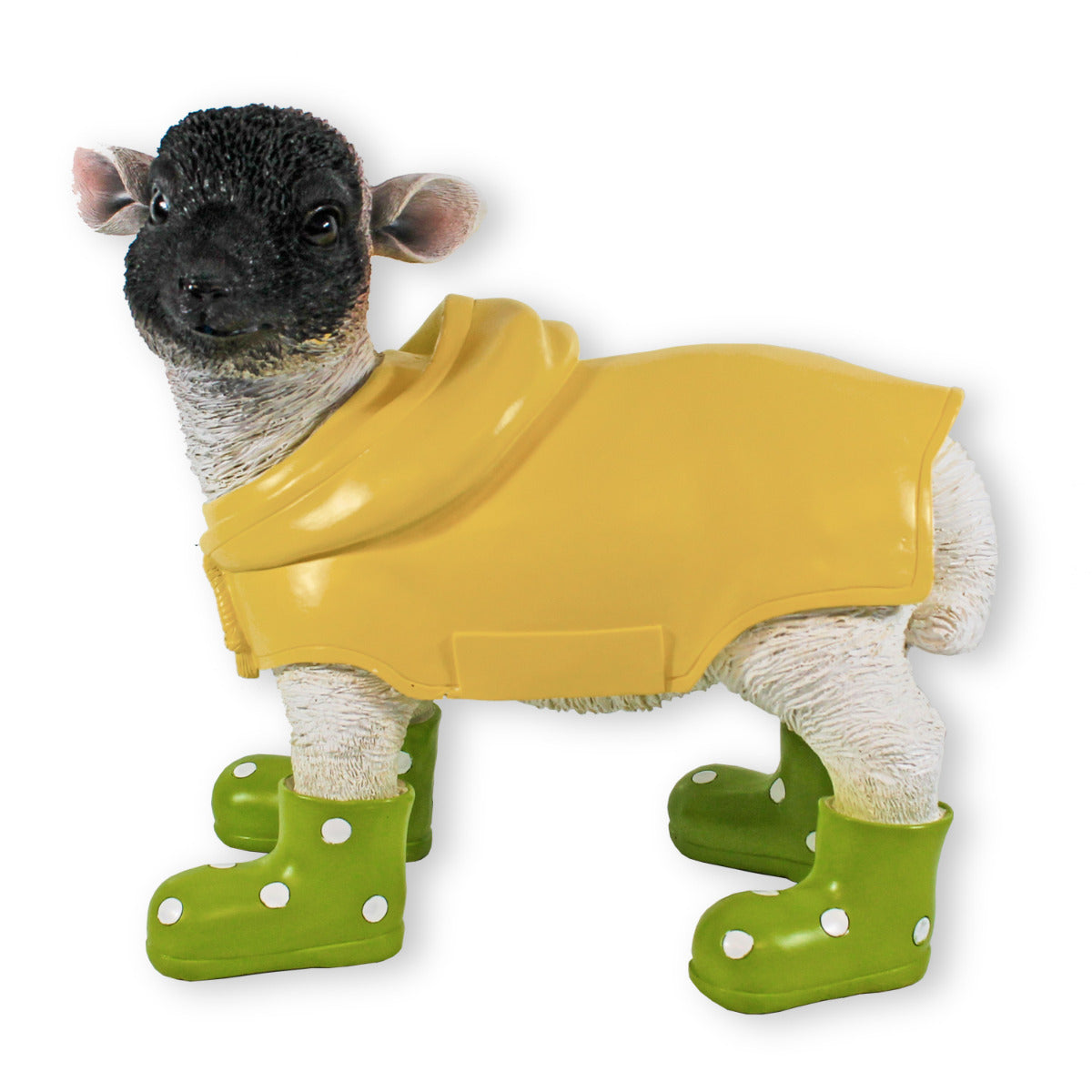 Gartenfigur Schaf mit Gummistiefeln gruen und Regenmantel Lamm Figur Garten Dekofigur Lamm