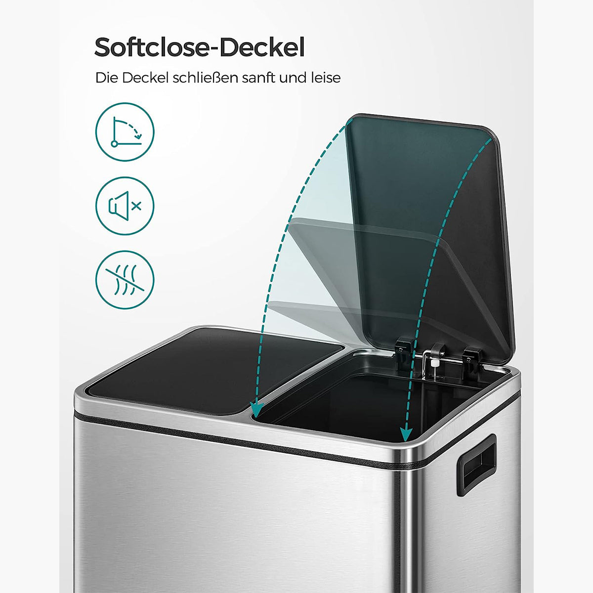 Songmics Mülleimer 30 l, mit zwei Fächern 2x15 l, soft-close Deckel, Treteimer aus Metall, silber