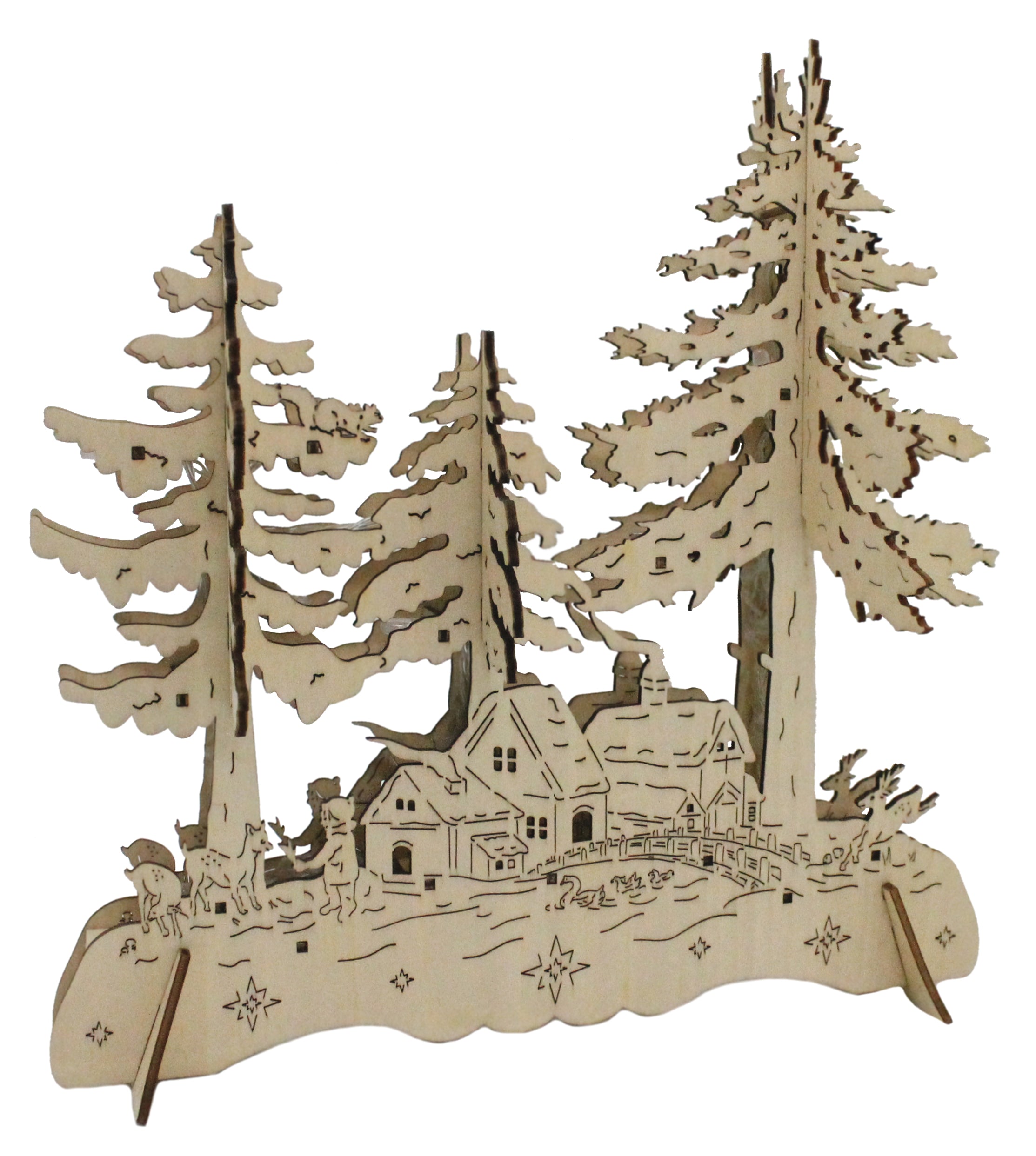 Weihnachtsdekoration mit Beleuchtung aus Holz Tannenbäume und Waldhütte LED beleuchtet