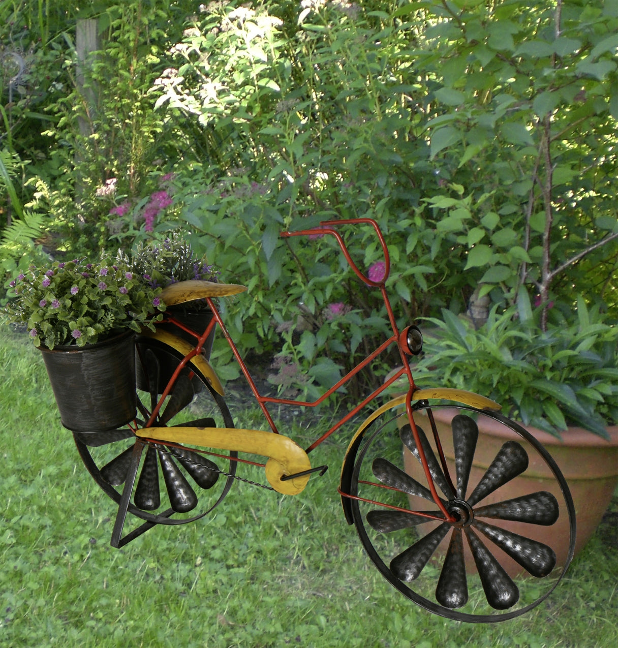 Windspiel Pflanztopf Fahrrad Damenrad Metallwindrad Fahrrad 2 Windräder Kugellager 63 cm