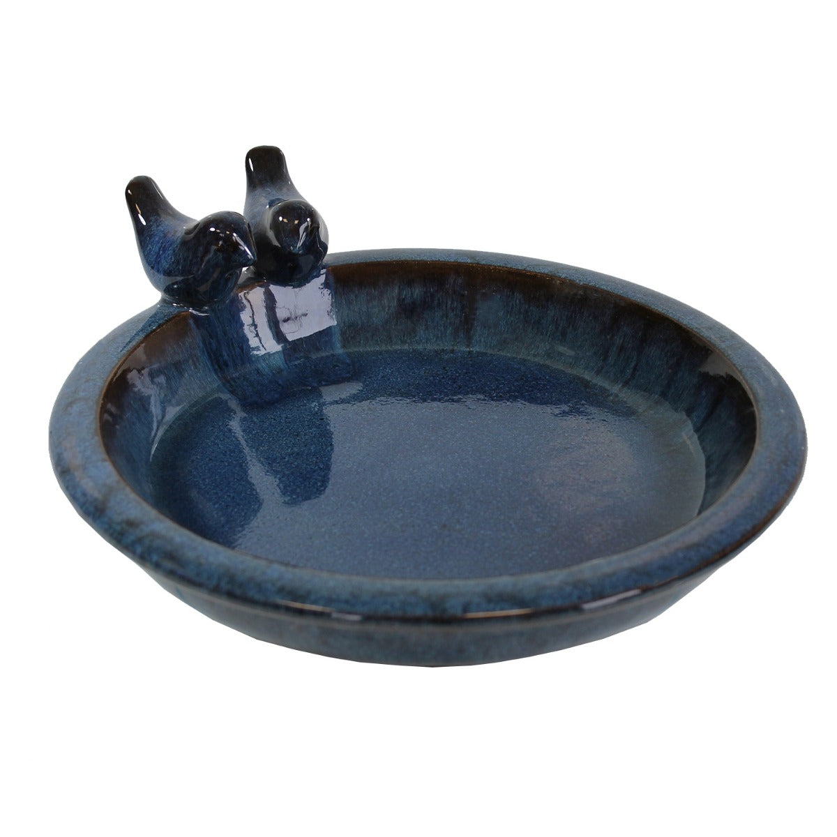 glasierte Vogeltränke für den Garten "Noble" mit 2 Deko-Vögel, 30 cm antik-blau Keramik Vogeltränke rund Vogelbad Garten