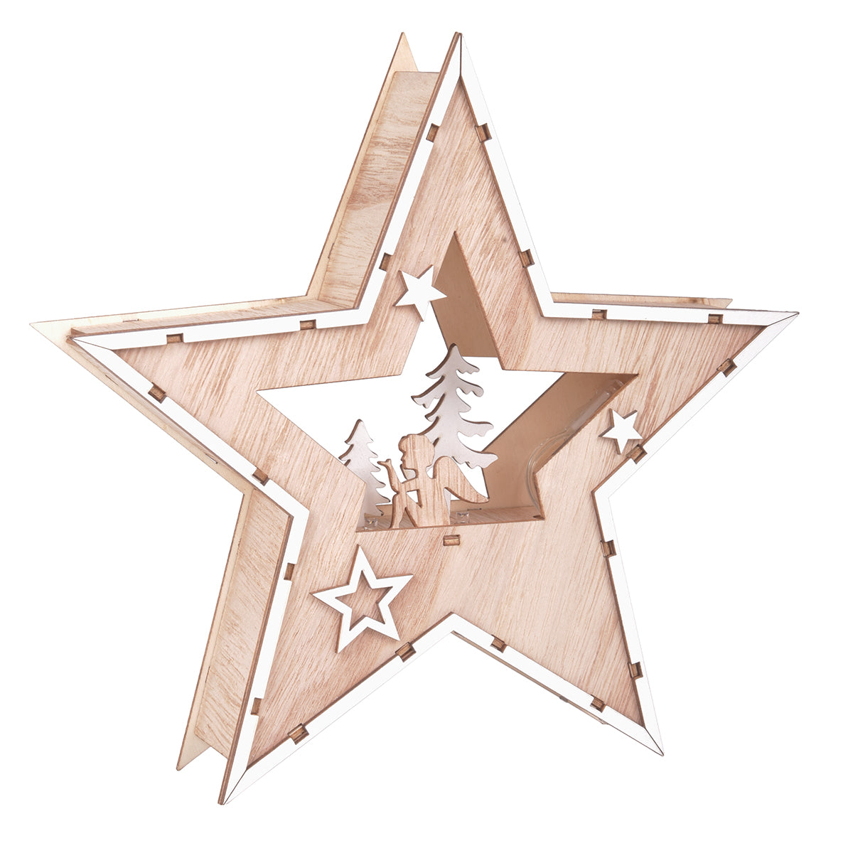 Deko Stern Holzstern 24cm Stern mit Engel und Tannen Motiv 7 LED Weihnachtsstern batteriebetrieb Fensterdeko