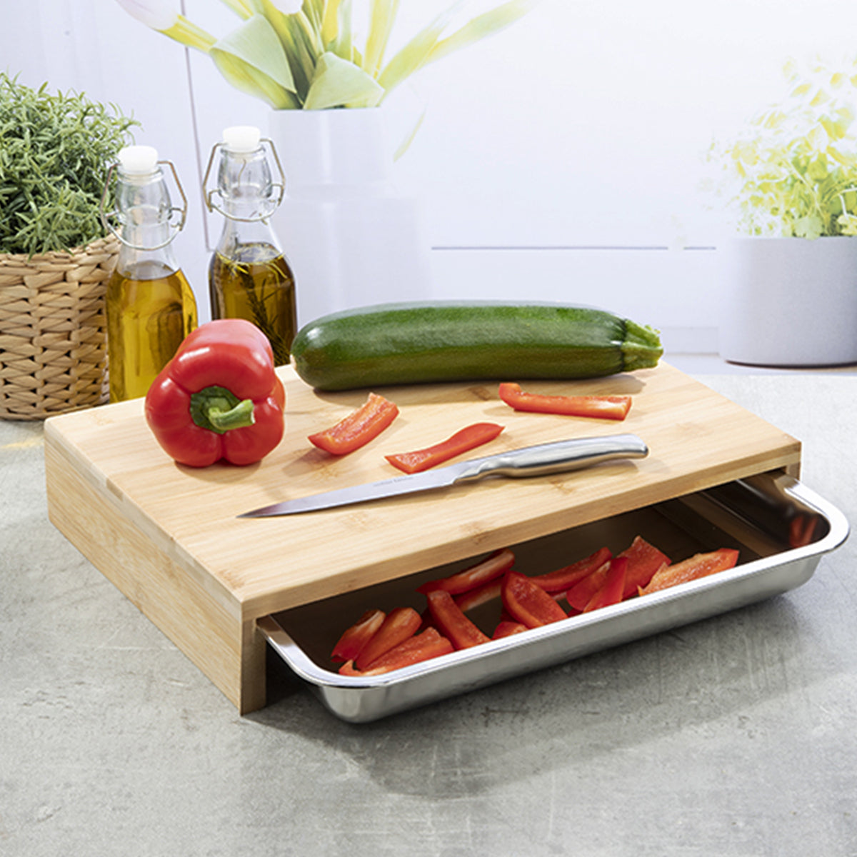 Schneidebrett aus Bambus mit Edelstahlschale Auffangschale Schneidbrett
