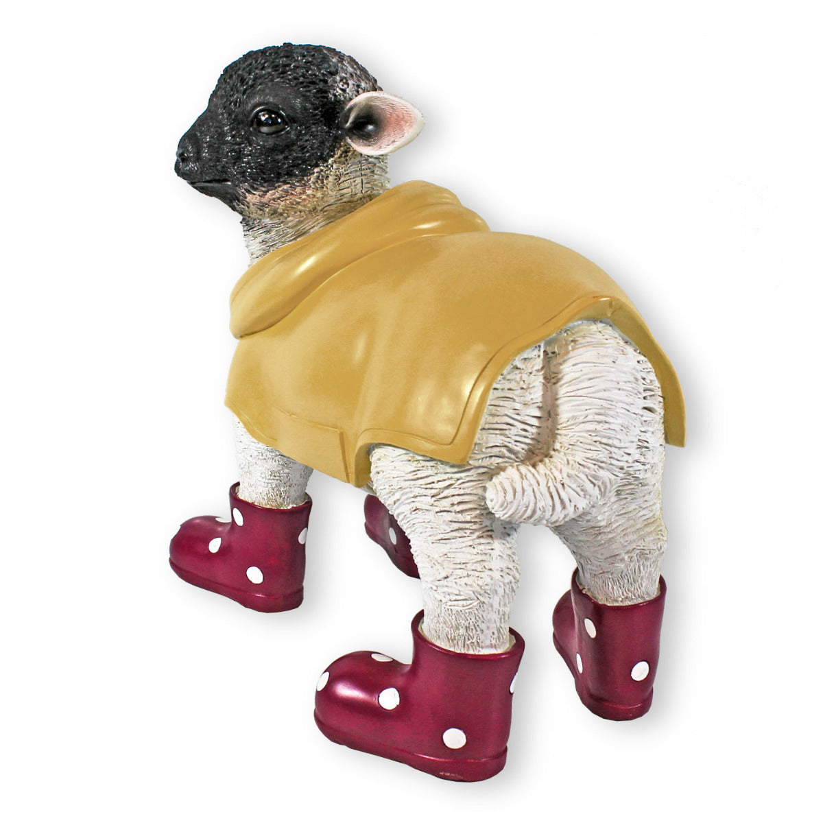 Gartenfigur Schaf mit Gummistiefeln rot und Regenmantel Lamm Figur Garten Dekofigur Lamm