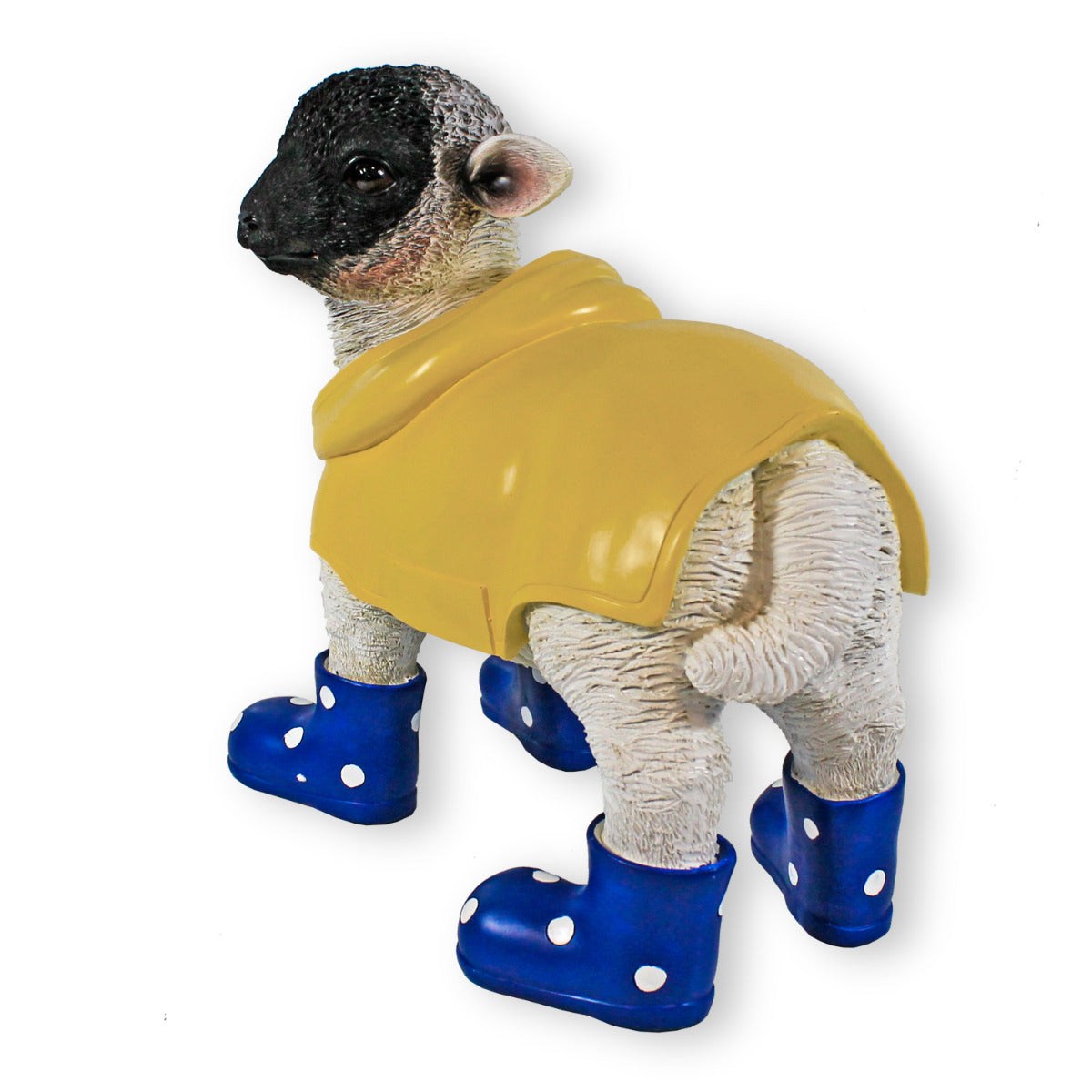 Gartenfigur Schaf mit Gummistiefeln blau und Regenmantel Lamm Figur Garten Dekofigur Lamm