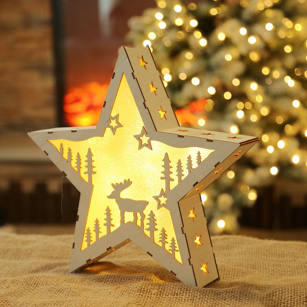 Deko Stern Holzstern 30cm Stern mit Rentier-Motiv mit LED Weihnachtsstern batteriebetrieb Fensterdeko Tischdeko