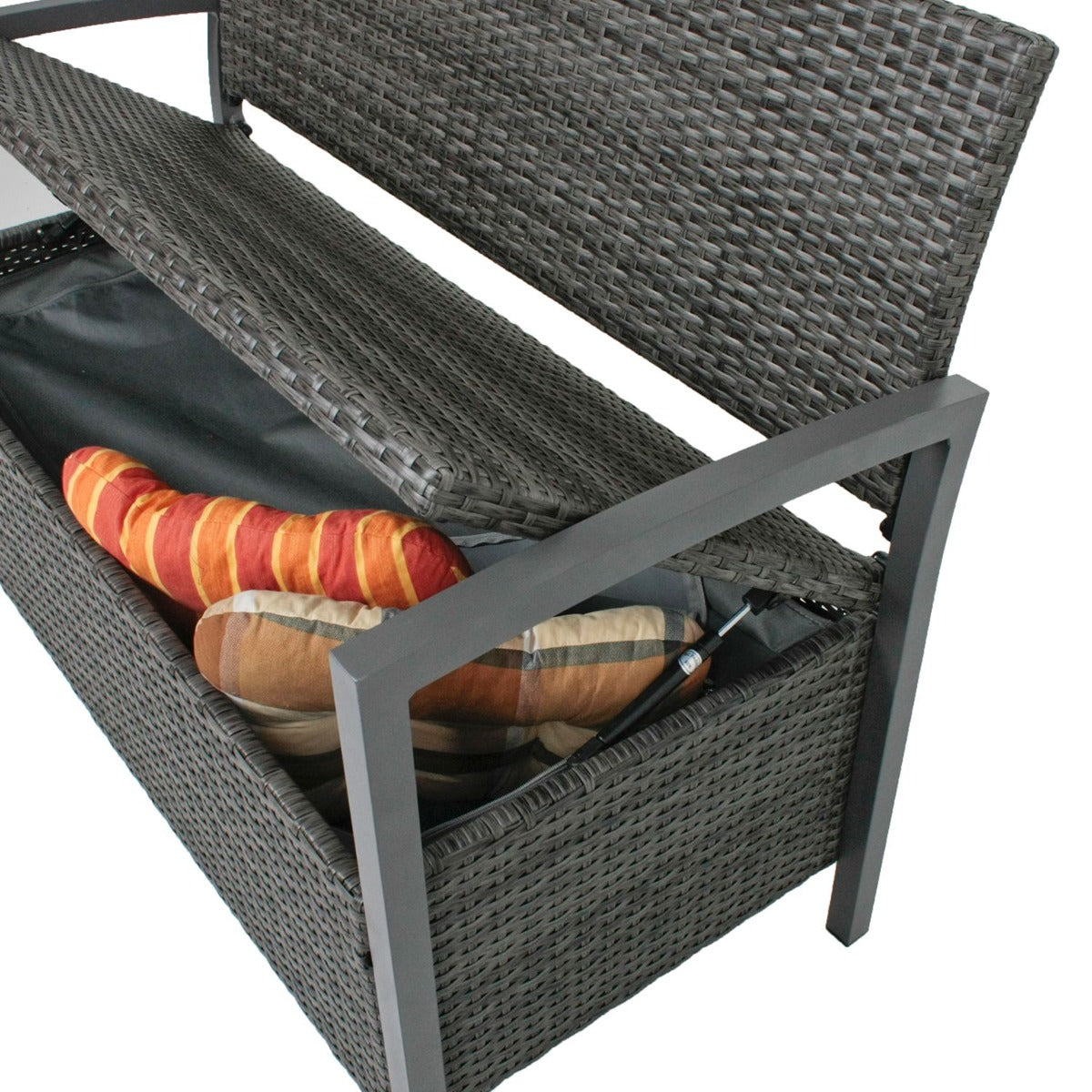 Garden Pleasure Parkbank Ferrara - 2-Sitzer Rattan Bank mit Stauraum, Dunkelgrau, Gartenbank mit Stauraum, Poly-Rattan, Balkonbank mit Stauraum