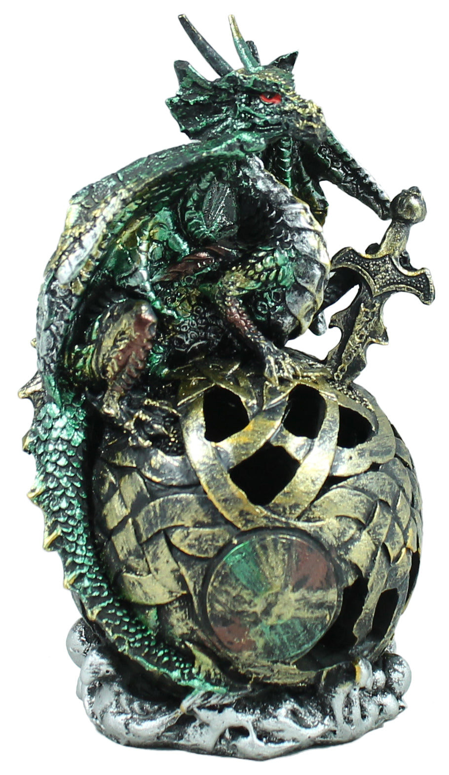 Dekofigur Drache auf Weltkugel mit LED-Beleuchtung und Farbwechsler für Gothic-Fans