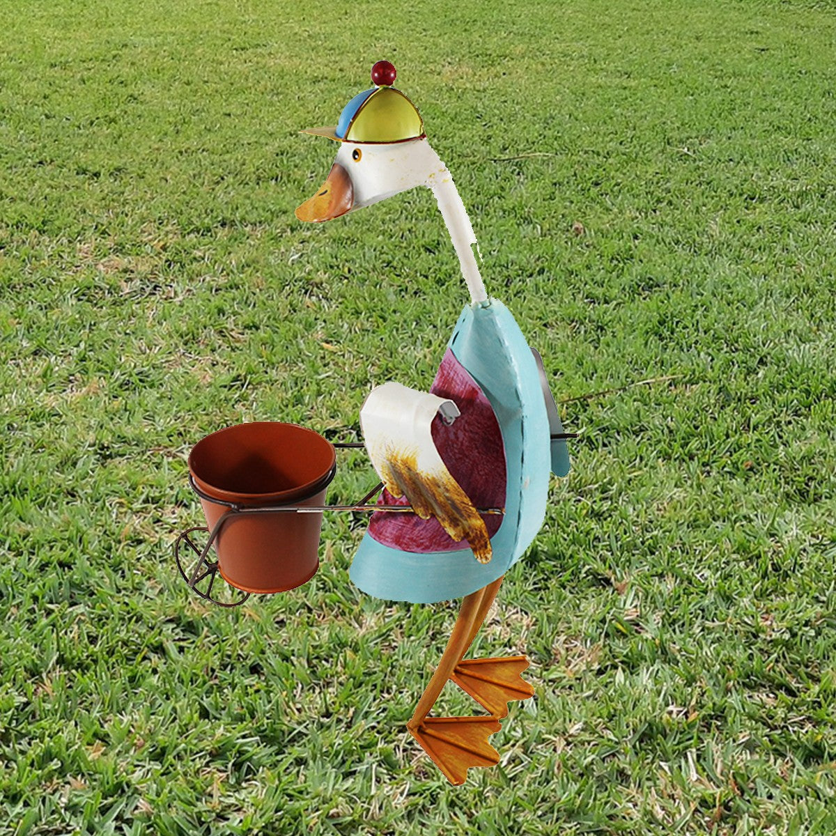 Dekofigur Ente Rennkarre Jockey-Mütze Pflanztopf Metall Gartenfigur Ente Gartendeko Blechente