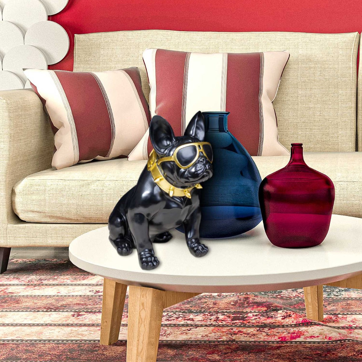 Französische Bulldogge Deko Hundefigur Siggi klein mit Brille und Nietenhalsband Deko Bulldogge schwarz