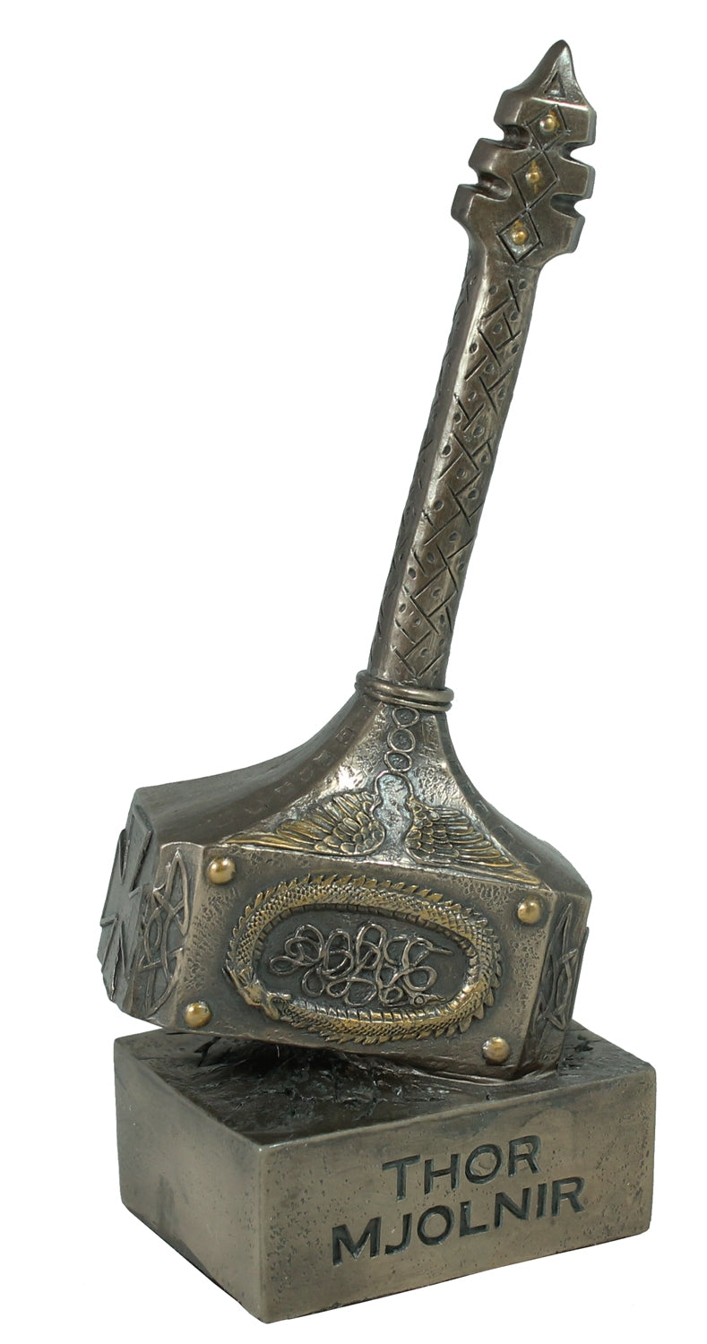 Dekofigur Mjolnir Hammer des Thor Magische Waffe Mjölnir Thorshammer Skulptur Plastik bronziert 26 cm