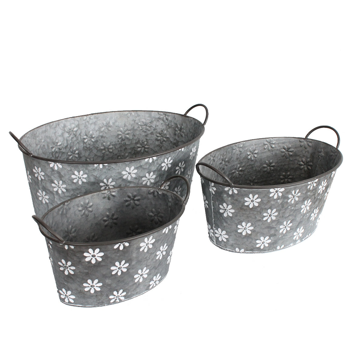 Pflanztopf Blumentopf 3er Set ovale Zinkwannen mit Blumenmuster und Handgriffen