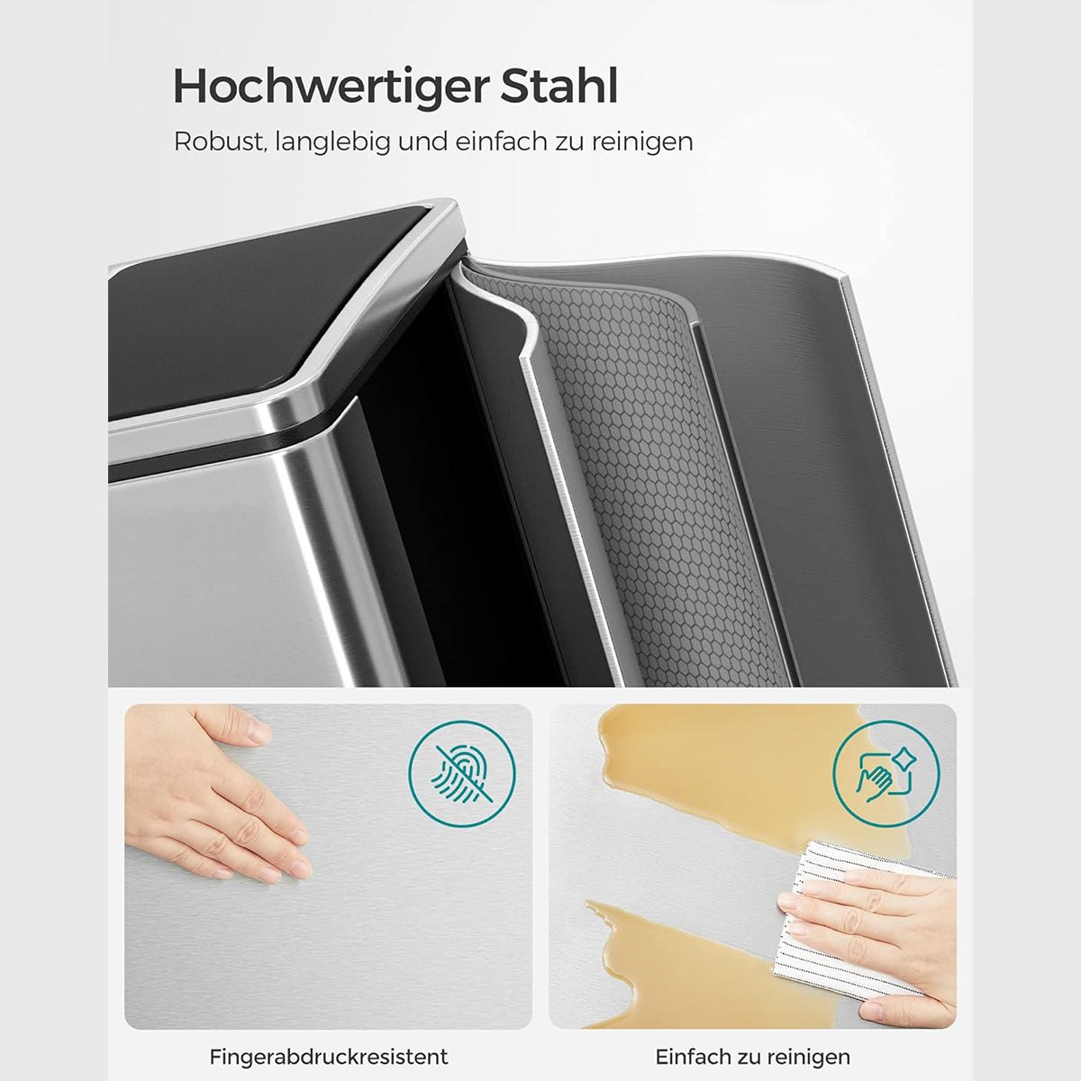 Songmics Mülleimer 30 l, mit zwei Fächern 2x15 l, soft-close Deckel, Treteimer aus Metall, silber