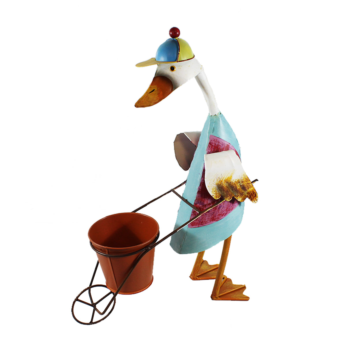 Dekofigur Ente Rennkarre Jockey-Mütze Pflanztopf Metall Gartenfigur Ente Gartendeko Blechente