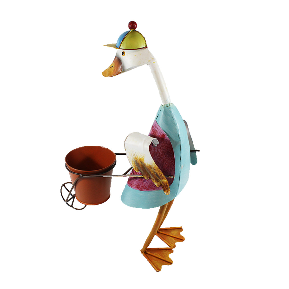 Dekofigur Ente Rennkarre Jockey-Mütze Pflanztopf Metall Gartenfigur Ente Gartendeko Blechente