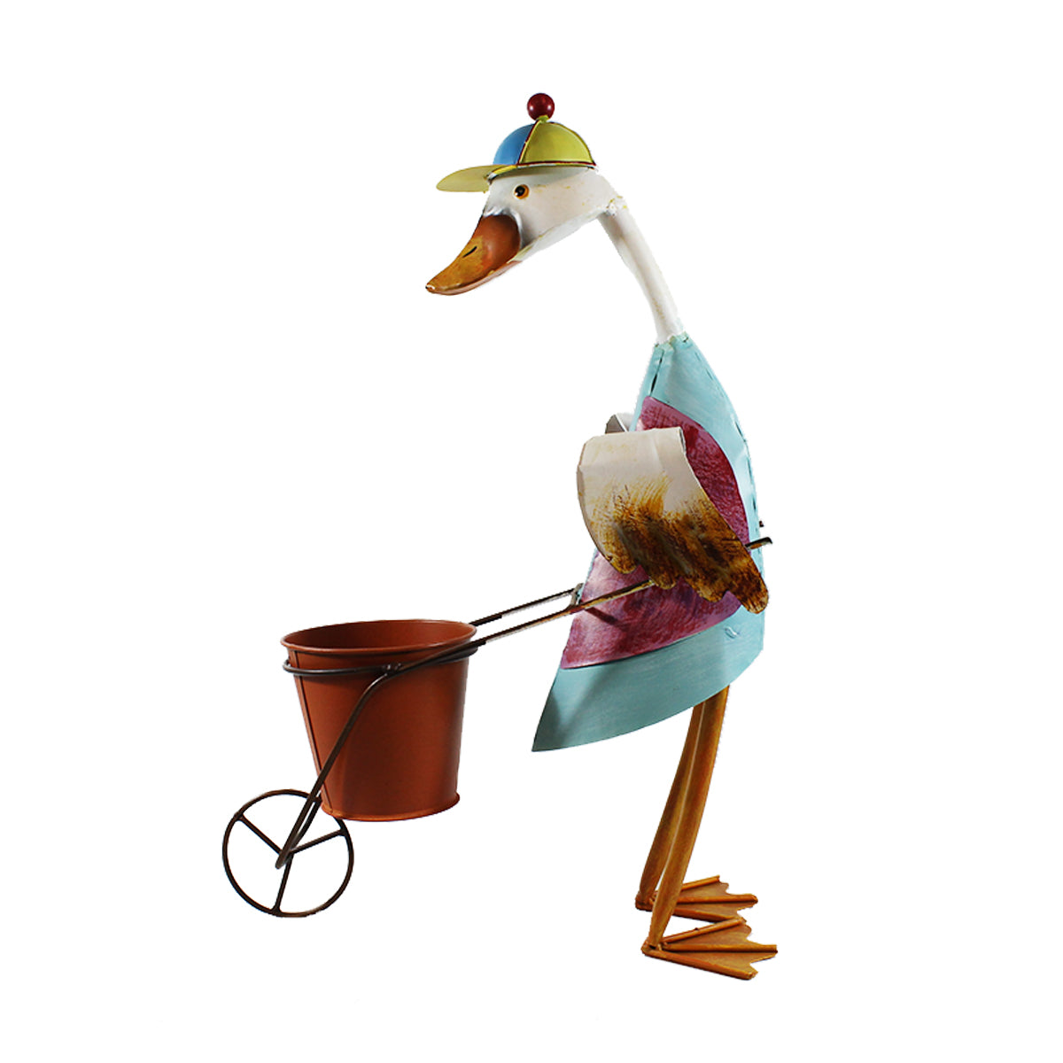 Dekofigur Ente Rennkarre Jockey-Mütze Pflanztopf Metall Gartenfigur Ente Gartendeko Blechente