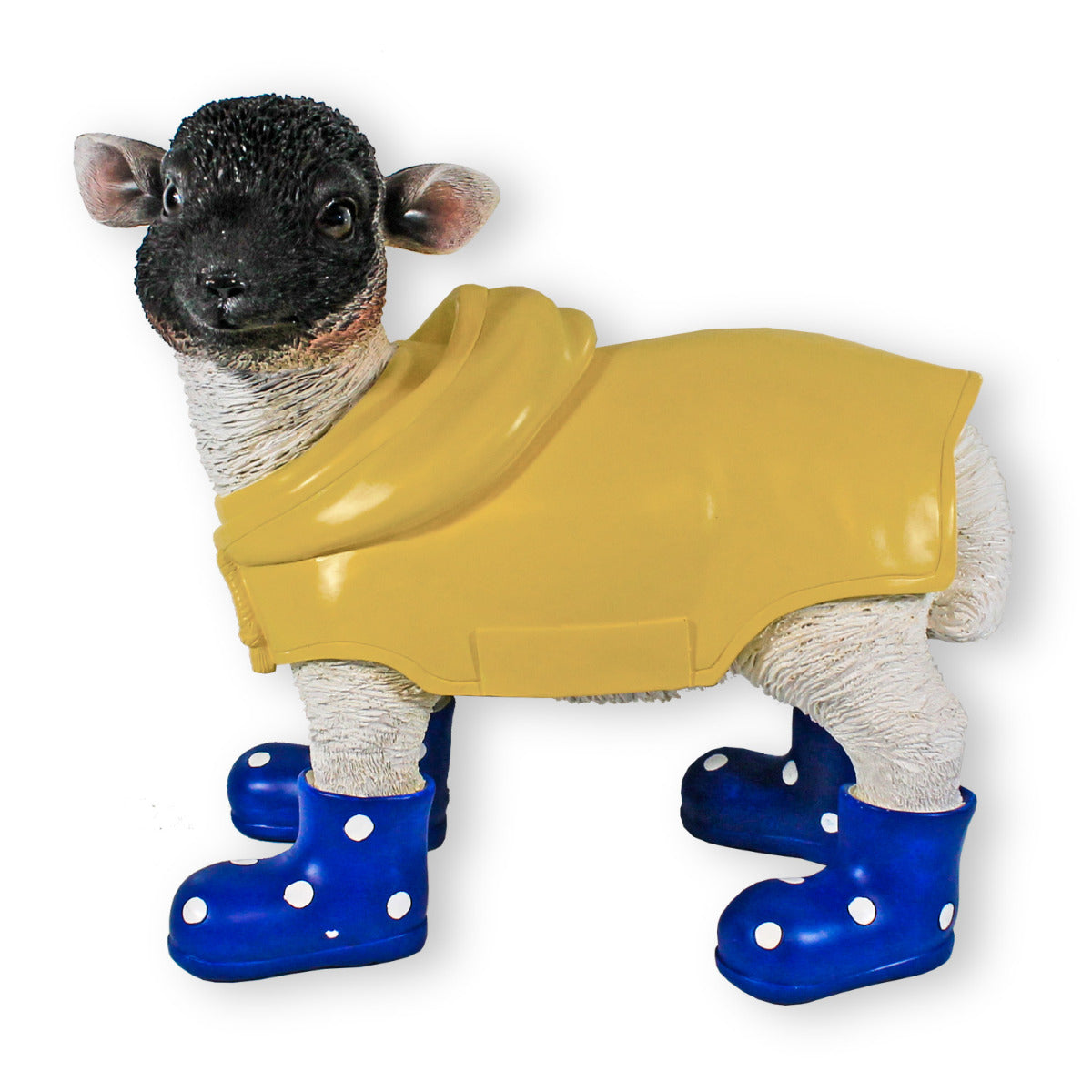 Gartenfigur Schaf mit Gummistiefeln blau und Regenmantel Lamm Figur Garten Dekofigur Lamm