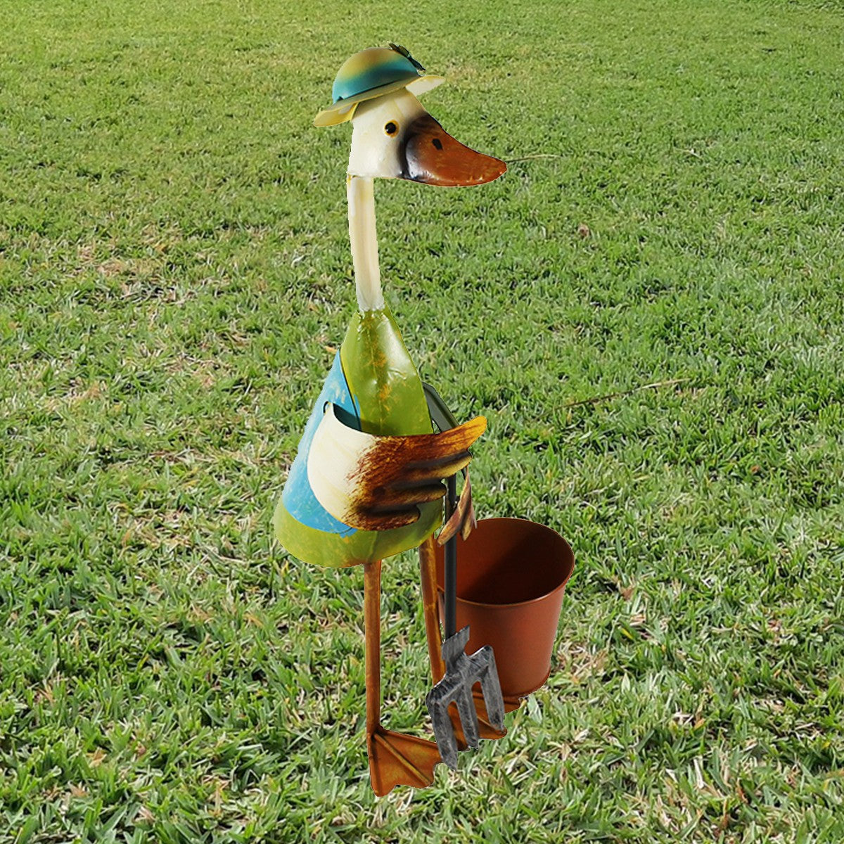 Dekofigur Ente Mistgabel Hut Pflanztopf Metall Gartenfigur Ente Gartendeko Blechente