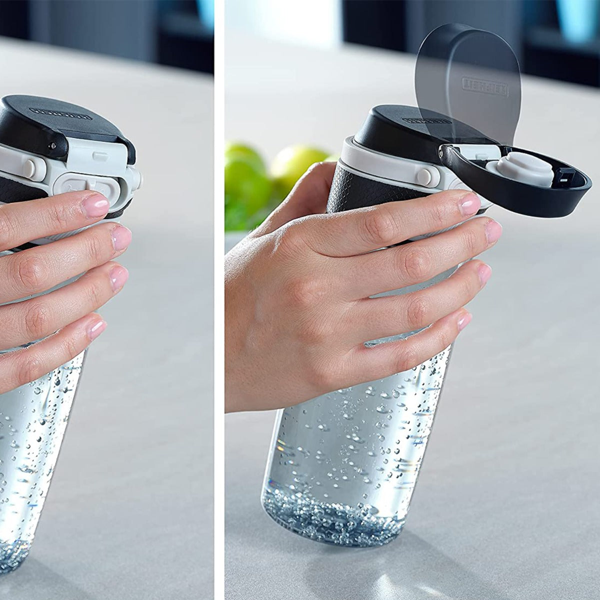 Leifheit Trinkflasche Flip 550ml Tritan silber mit Filter für Fruchteinsatz bruchsichere Tritanflasche