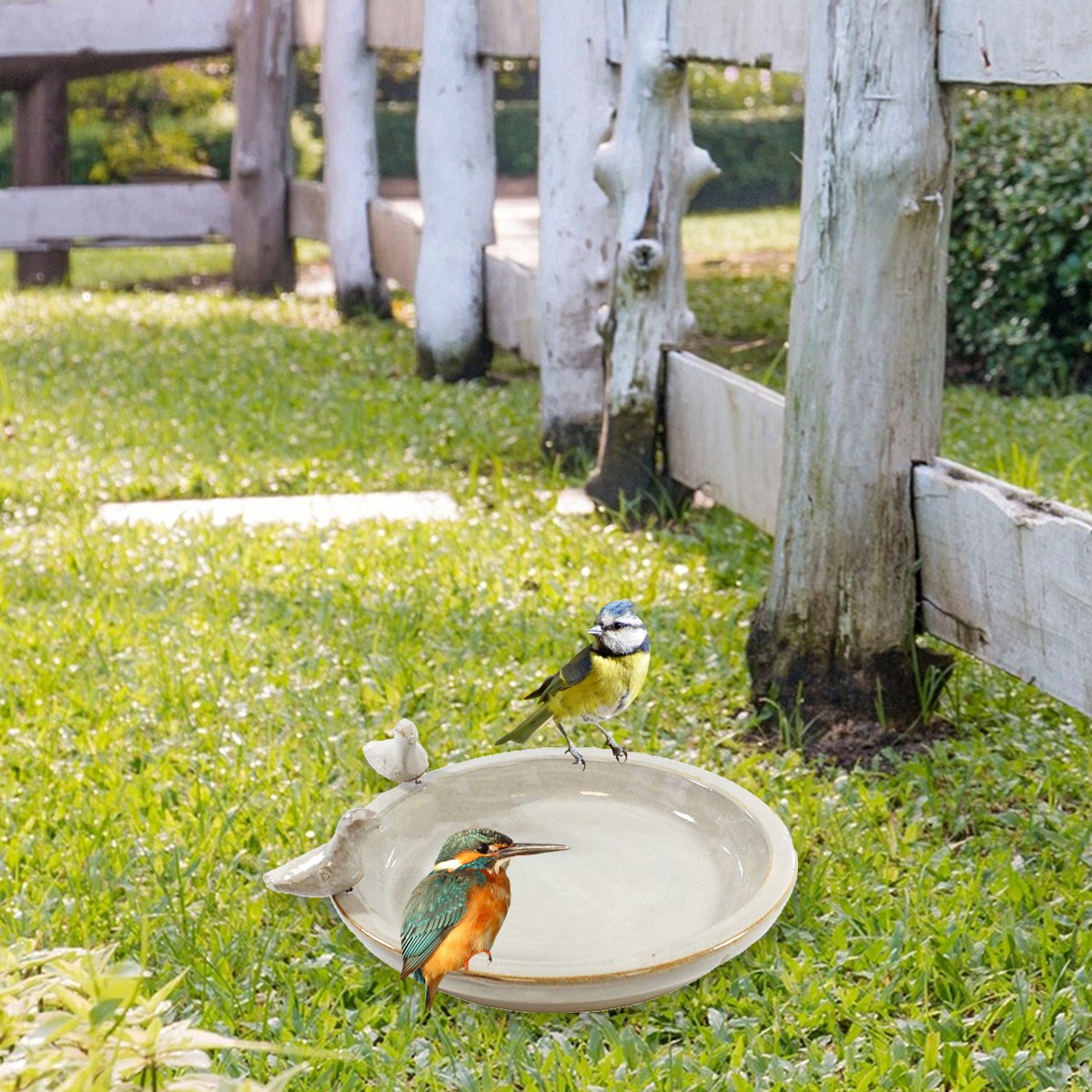 colourliving Vogeltränke für den Garten 30 cm altweiss Keramik Vogeltränke rund Vogelbad Garten