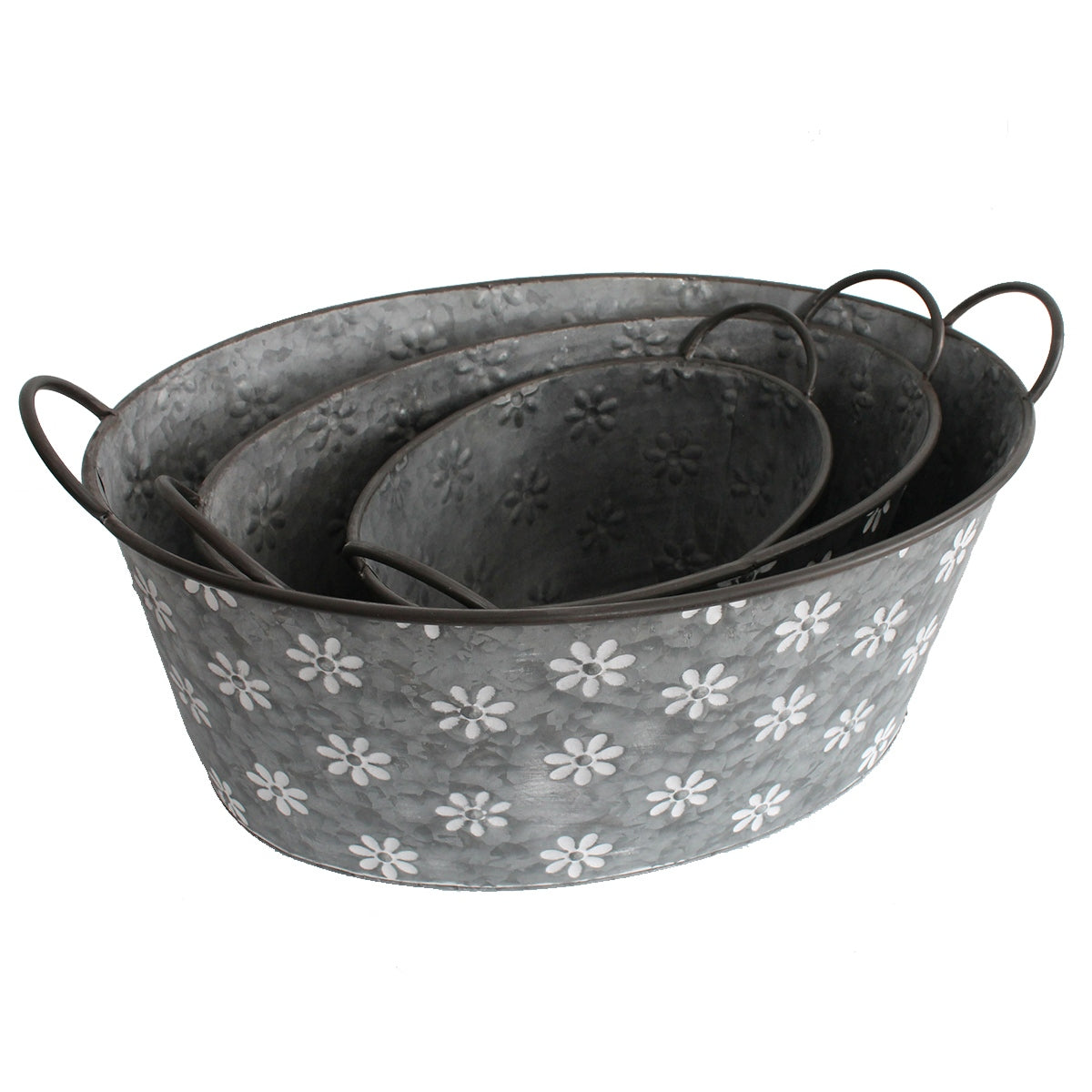 Pflanztopf Blumentopf 3er Set ovale Zinkwannen mit Blumenmuster und Handgriffen