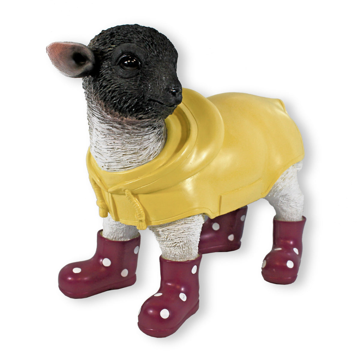 Gartenfigur Schaf mit Gummistiefeln rot und Regenmantel Lamm Figur Garten Dekofigur Lamm