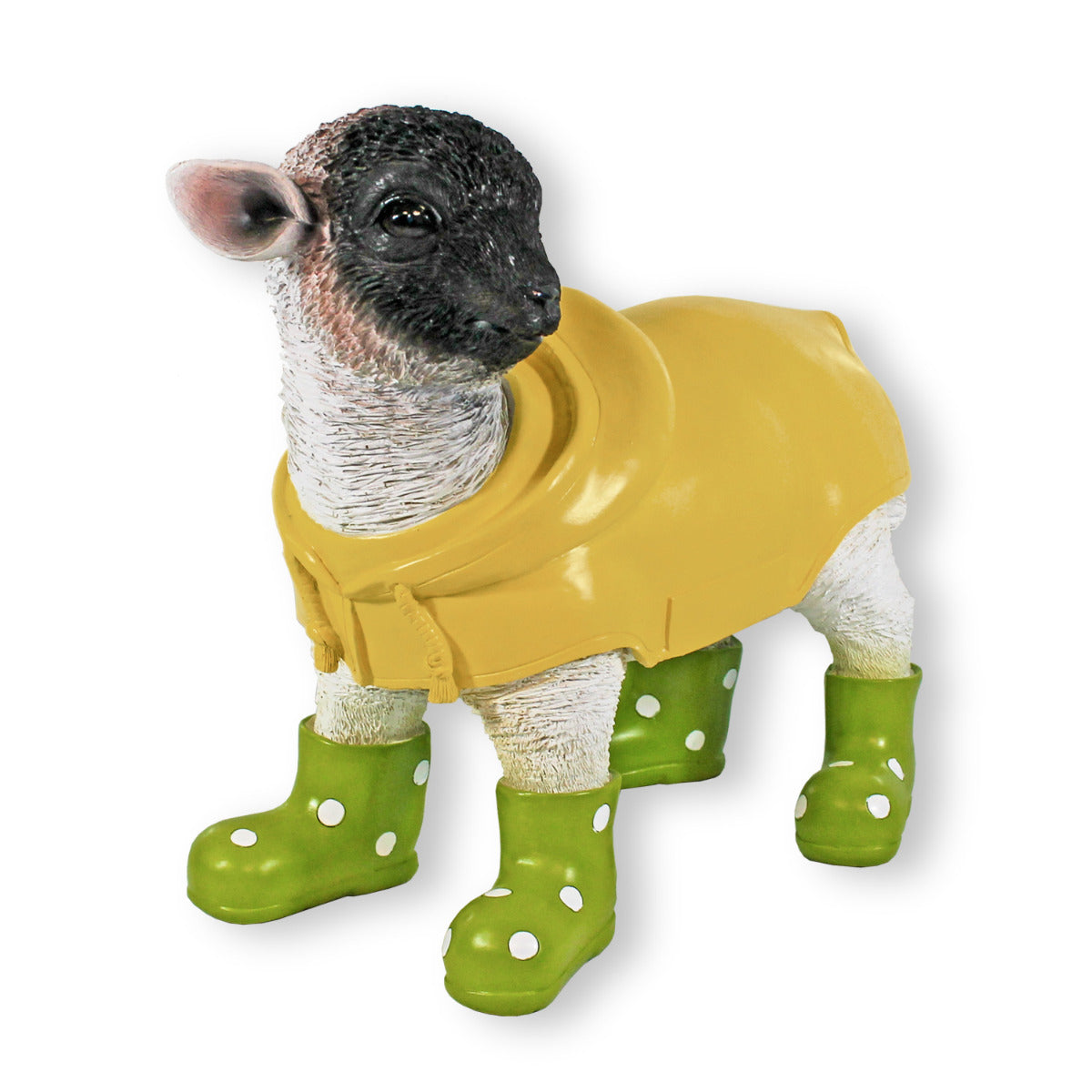 Gartenfigur Schaf mit Gummistiefeln gruen und Regenmantel Lamm Figur Garten Dekofigur Lamm