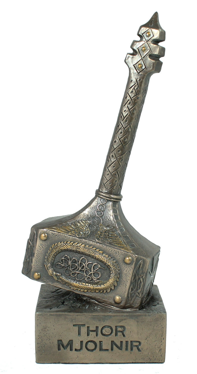 Dekofigur Mjolnir Hammer des Thor Magische Waffe Mjölnir Thorshammer Skulptur Plastik bronziert 26 cm