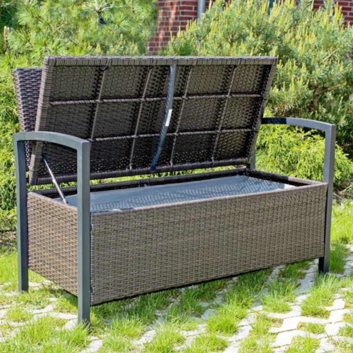 Garden Pleasure Parkbank Ferrara - 2-Sitzer Rattan Bank mit Stauraum, Coffee Braun, Gartenbank mit Stauraum, Poly-Rattan, Balkonbank mit Stauraum