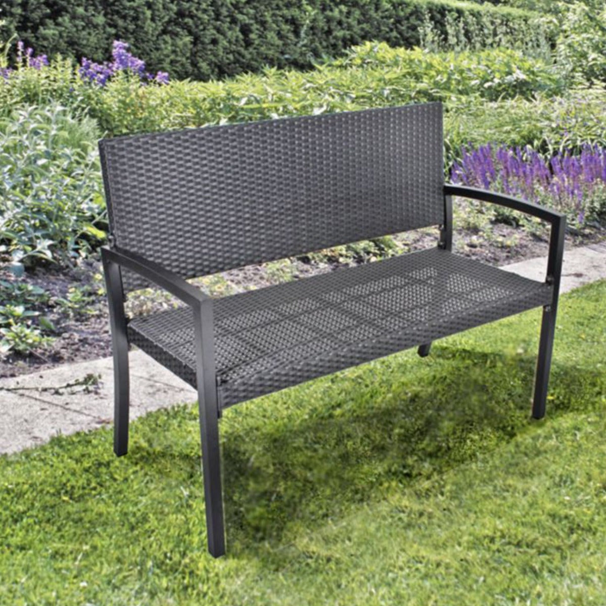 Garden Pleasure Parkbank Sanremo - 2-Sitzer Gartenbank Rattan, Rattanbank in schwarz, Poly-Rattan & Aluminium Rahmen, Rattan Sitzbank