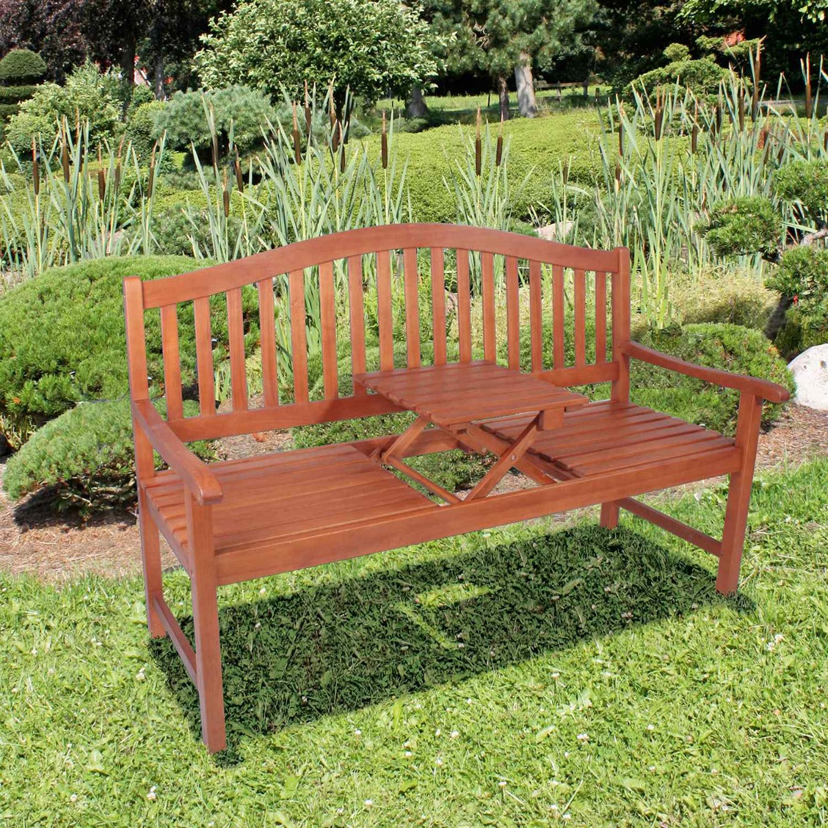 Garden Pleasure Gartenbank Phuket - 3-Sitzer Bank mit Tisch, FSC 100% Eukalyptusholz, geölt, Gartenbank Holz, Holzbank mit Lehne und Tisch