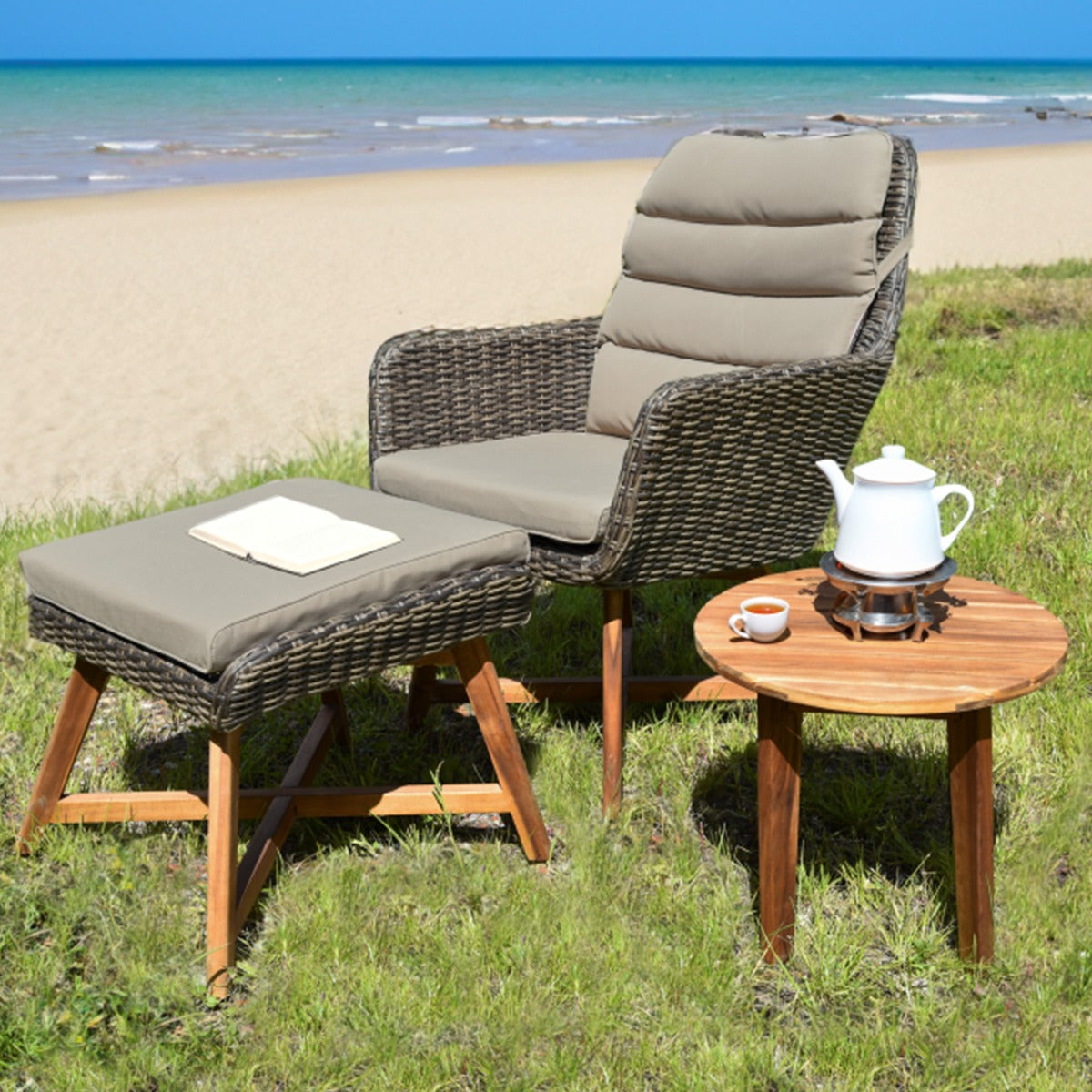 Balkon Loungemöbel Rattan Lounge-Set Sessel Hocker mit Auflagen Beistelltisch Farbe: coffee