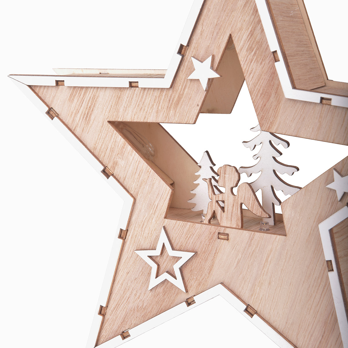 Deko Stern Holzstern 24cm Stern mit Engel und Tannen Motiv 7 LED Weihnachtsstern batteriebetrieb Fensterdeko