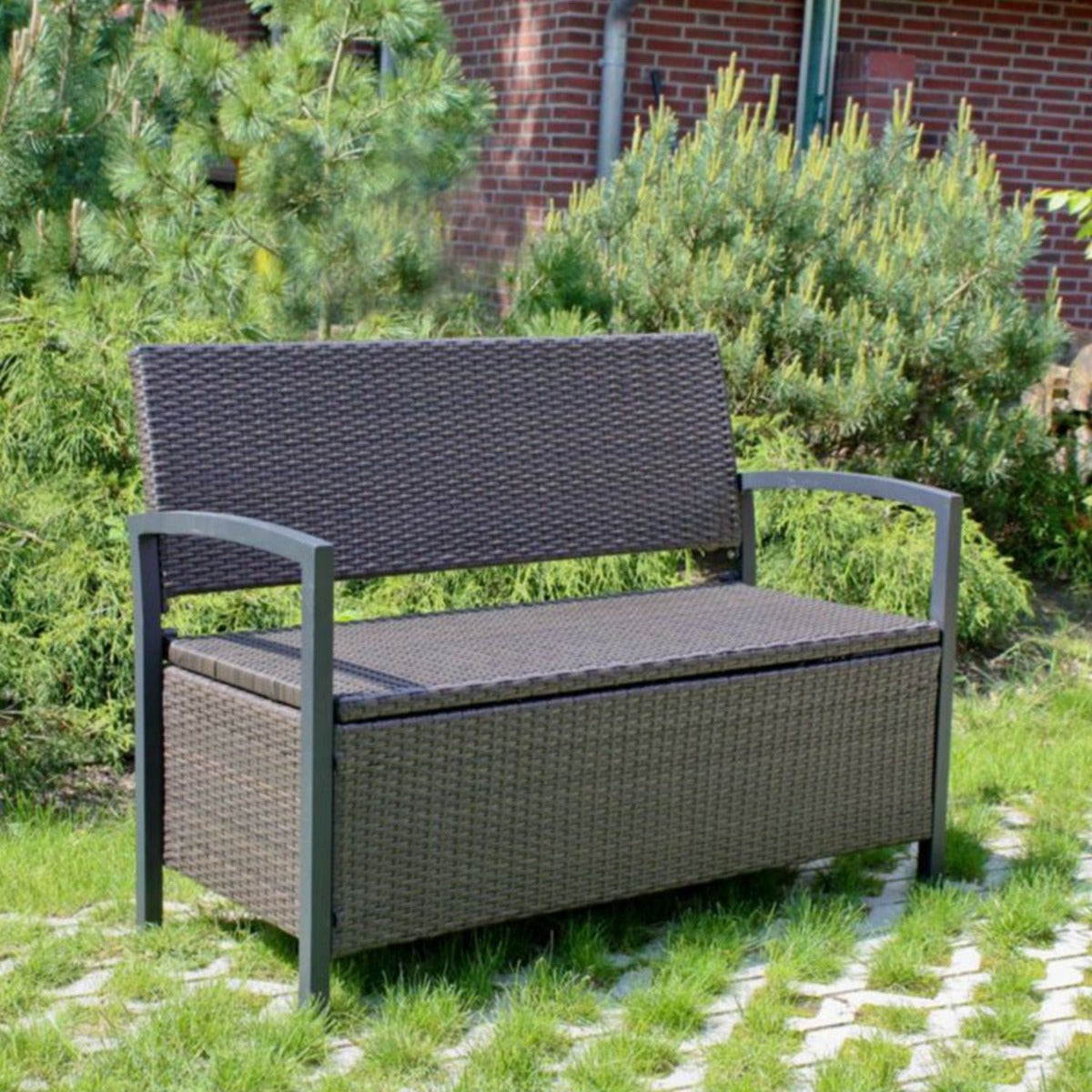 Garden Pleasure Parkbank Ferrara - 2-Sitzer Rattan Bank mit Stauraum, Coffee Braun, Gartenbank mit Stauraum, Poly-Rattan, Balkonbank mit Stauraum